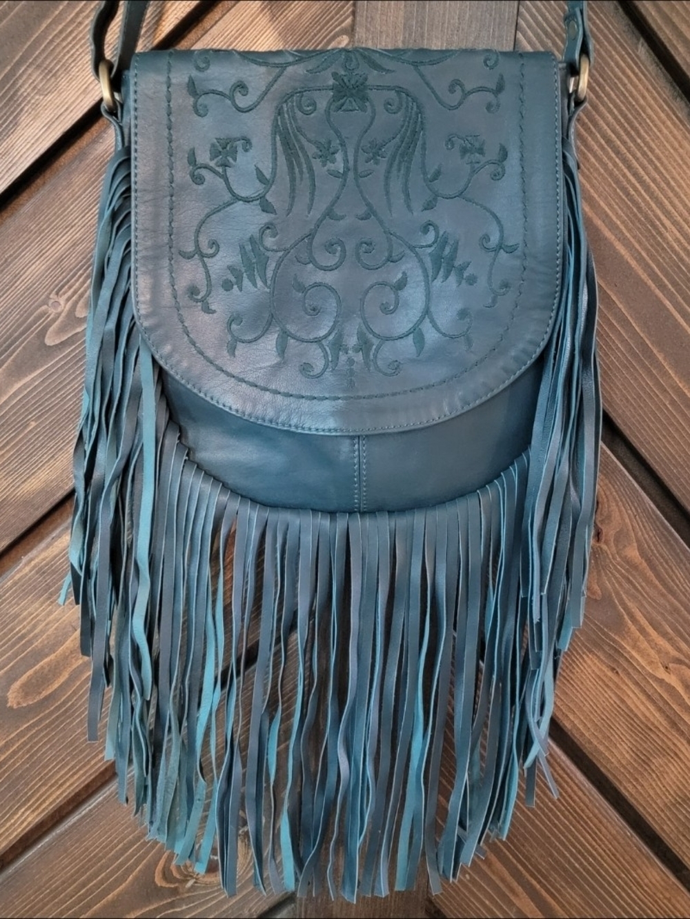 Fringed Emerald Green/Teal Embroidered Leather Fringe Crossbody Bag